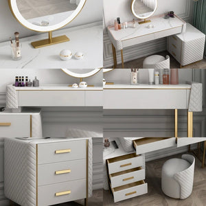 Allurea Modern Dressing Table with LED Mirror & Storage – Greyish Cream Finish Vanity Table with Drawer Storage, Bedroom Makeup Table - Sleek Furniture