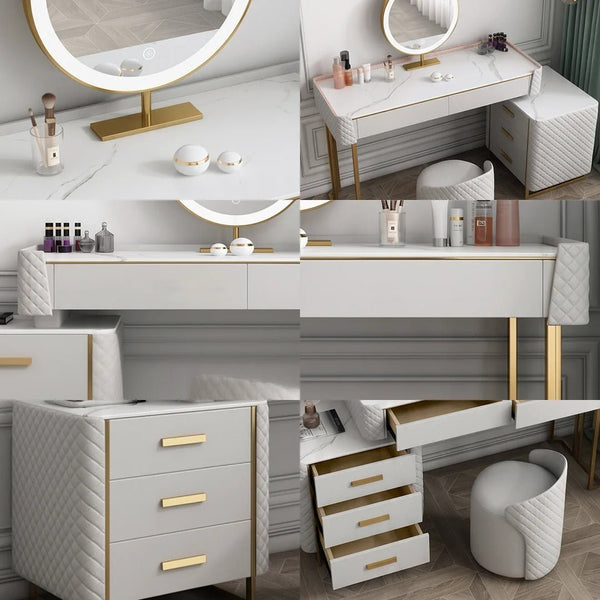 Allurea Modern Dressing Table with LED Mirror & Storage – Greyish Cream Finish Vanity Table with Drawer Storage, Bedroom Makeup Table - Sleek Furniture