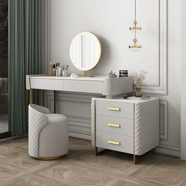 Allurea Modern Dressing Table with LED Mirror & Storage – Greyish Cream Finish Vanity Table with Drawer Storage, Bedroom Makeup Table - Sleek Furniture
