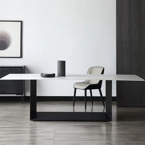 Alme Modern Dining Table, White Marble-Effect Sintered Stone Top with Black Metal Base – Contemporary Dining Room Table - Sleek Furniture