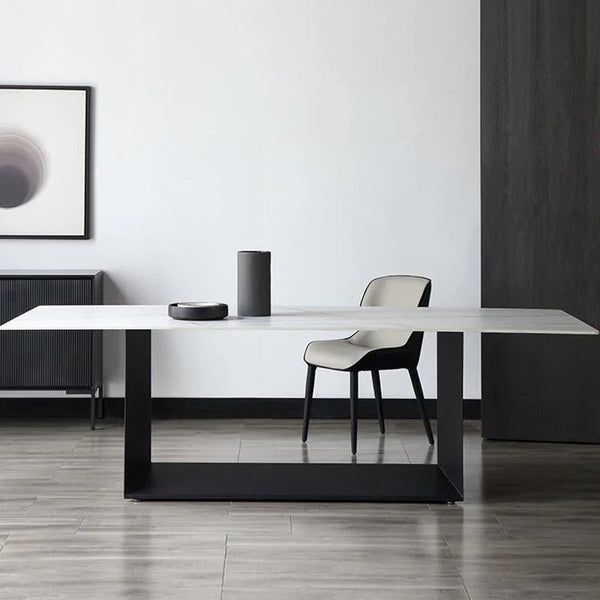 Alme Modern Dining Table, White Marble-Effect Sintered Stone Top with Black Metal Base – Contemporary Dining Room Table - Sleek Furniture