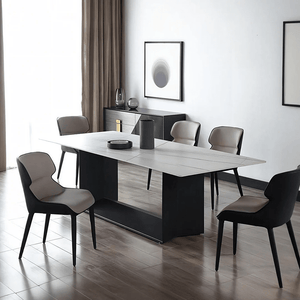 Alme Modern Dining Table, White Marble-Effect Sintered Stone Top with Black Metal Base – Contemporary Dining Room Table - Sleek Furniture