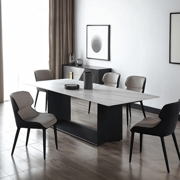 Alme Modern Dining Table, White Marble-Effect Sintered Stone Top with Black Metal Base – Contemporary Dining Room Table - Sleek Furniture