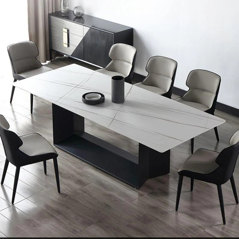 Alme Modern Dining Table, White Marble-Effect Sintered Stone Top with Black Metal Base – Contemporary Dining Room Table - Sleek Furniture