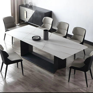 Alme Modern Dining Table, White Marble-Effect Sintered Stone Top with Black Metal Base – Contemporary Dining Room Table - Sleek Furniture