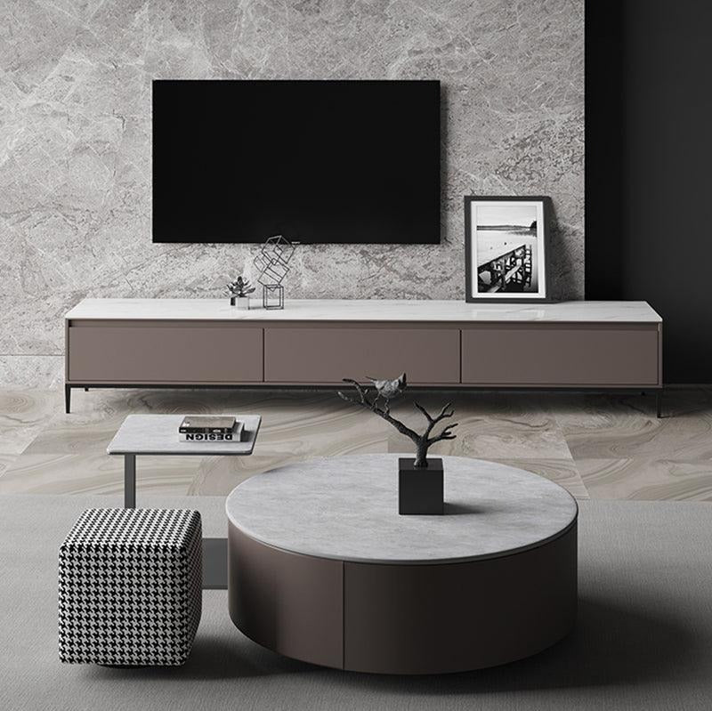 Alvis Nesting Coffee Table Set with Stool, Sintered Stone Top, Painted Steel Frame, Modern Living Room Table Set, Dark Khaki - Sleek Furniture