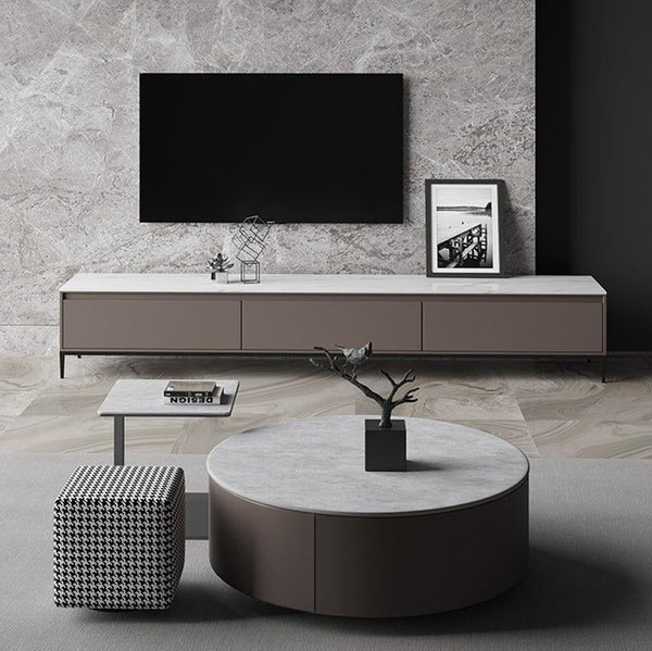 Alvis Nesting Coffee Table Set with Stool, Sintered Stone Top, Painted Steel Frame, Modern Living Room Table Set, Dark Khaki - Sleek Furniture