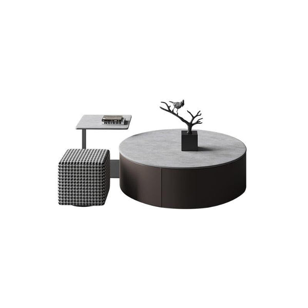 Alvis Nesting Coffee Table Set with Stool, Sintered Stone Top, Painted Steel Frame, Modern Living Room Table Set, Dark Khaki - Sleek Furniture