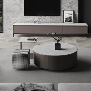 Alvis Nesting Coffee Table Set with Stool, Sintered Stone Top, Painted Steel Frame, Modern Living Room Table Set, Dark Khaki - Sleek Furniture