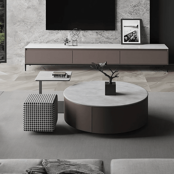 Alvis Nesting Coffee Table Set with Stool, Sintered Stone Top, Painted Steel Frame, Modern Living Room Table Set, Dark Khaki - Sleek Furniture
