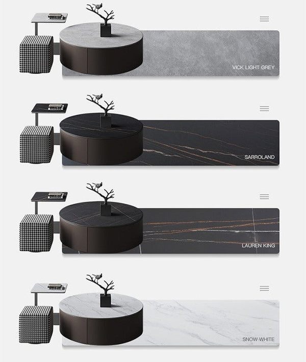 Alvis Nesting Coffee Table Set with Stool, Sintered Stone Top, Painted Steel Frame, Modern Living Room Table Set, Dark Khaki - Sleek Furniture