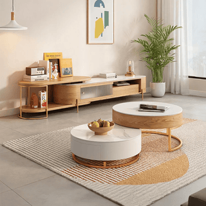 Amanda Living Room Set – Coffee Table and TV Stand, Modern Light Oak Finish, Wood & Sintered Stone Media Furniture Set for Stylish Interiors - Sleek Furniture