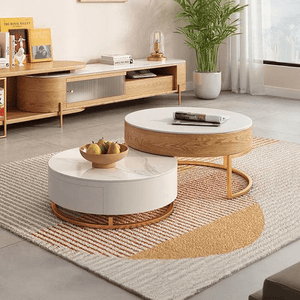 Amanda Living Room Set – Coffee Table and TV Stand, Modern Light Oak Finish, Wood & Sintered Stone Media Furniture Set for Stylish Interiors - Sleek Furniture