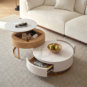 Amanda Living Room Set – Coffee Table & TV Stand Set, Modern Wooden Entertainment Unit with Sintered Stone Top, Light Oak & White Finish - Sleek Furniture