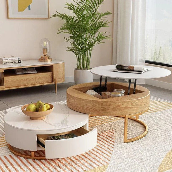 Amanda Living Room Set – Coffee Table & TV Stand Set, Modern Wooden Entertainment Unit with Sintered Stone Top, Light Oak & White Finish - Sleek Furniture