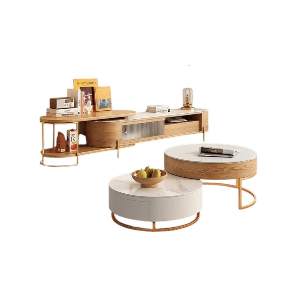 Amanda Living Room Set – Coffee Table & TV Stand Set, Modern Wooden Entertainment Unit with Sintered Stone Top, Light Oak & White Finish - Sleek Furniture