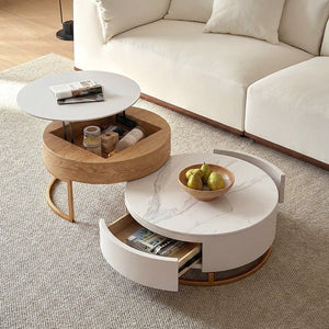 Amanda Living Room Set – Coffee Table & TV Stand Set, Modern Wooden Entertainment Unit with Sintered Stone Top, Light Oak & White Finish - Sleek Furniture