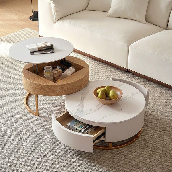 Amanda Living Room Set – Coffee Table & TV Stand Set, Modern Wooden Entertainment Unit with Sintered Stone Top, Light Oak & White Finish - Sleek Furniture