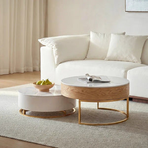 Amanda Living Room Set – Coffee Table & TV Stand Set, Modern Wooden Entertainment Unit with Sintered Stone Top, Light Oak & White Finish - Sleek Furniture