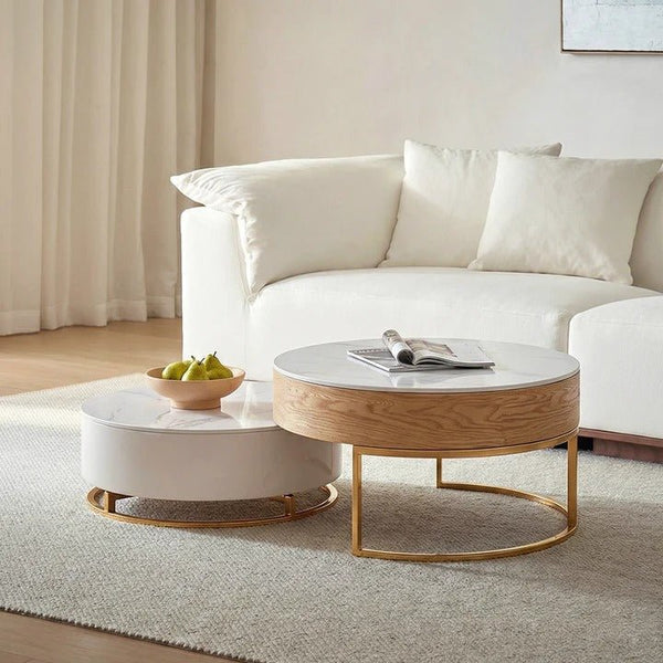 Amanda Living Room Set – Coffee Table & TV Stand Set, Modern Wooden Entertainment Unit with Sintered Stone Top, Light Oak & White Finish - Sleek Furniture