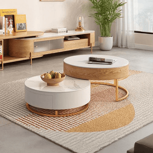 Amanda Living Room Set – Coffee Table & TV Stand Set, Modern Wooden Entertainment Unit with Sintered Stone Top, Light Oak & White Finish - Sleek Furniture