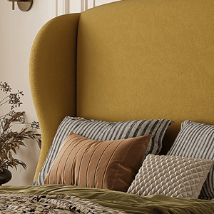 Amara Wingback King Size Bed Frame with High Headboard, Upholstered Flannelette Fabric, Wooden Structure – Contemporary Yellow Bedroom Bed - Sleek Furniture