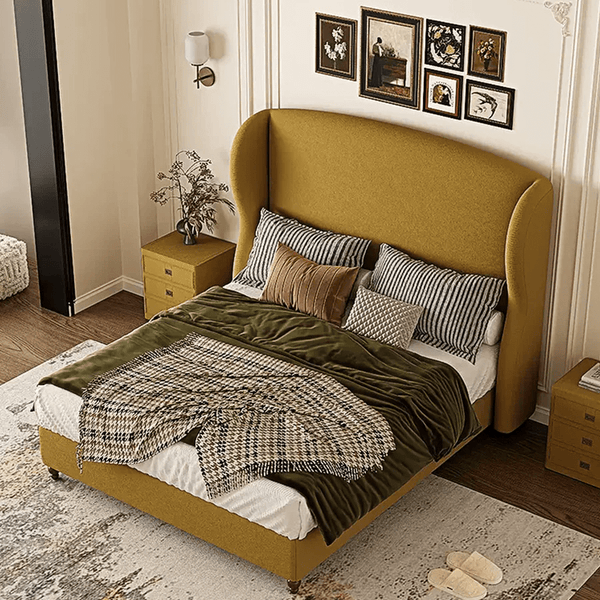 Amara Wingback King Size Bed Frame with High Headboard, Upholstered Flannelette Fabric, Wooden Structure – Contemporary Yellow Bedroom Bed - Sleek Furniture