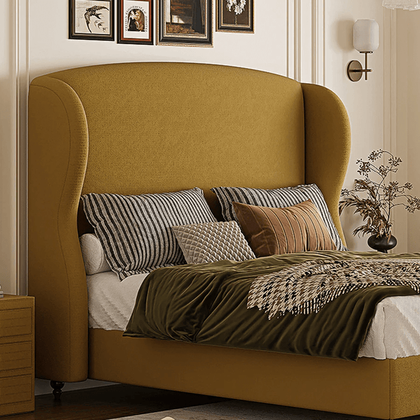 Amara Wingback King Size Bed Frame with High Headboard, Upholstered Flannelette Fabric, Wooden Structure – Contemporary Yellow Bedroom Bed - Sleek Furniture