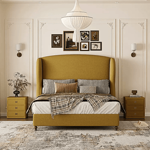 Amara Wingback King Size Bed Frame with High Headboard, Upholstered Flannelette Fabric, Wooden Structure – Contemporary Yellow Bedroom Bed - Sleek Furniture