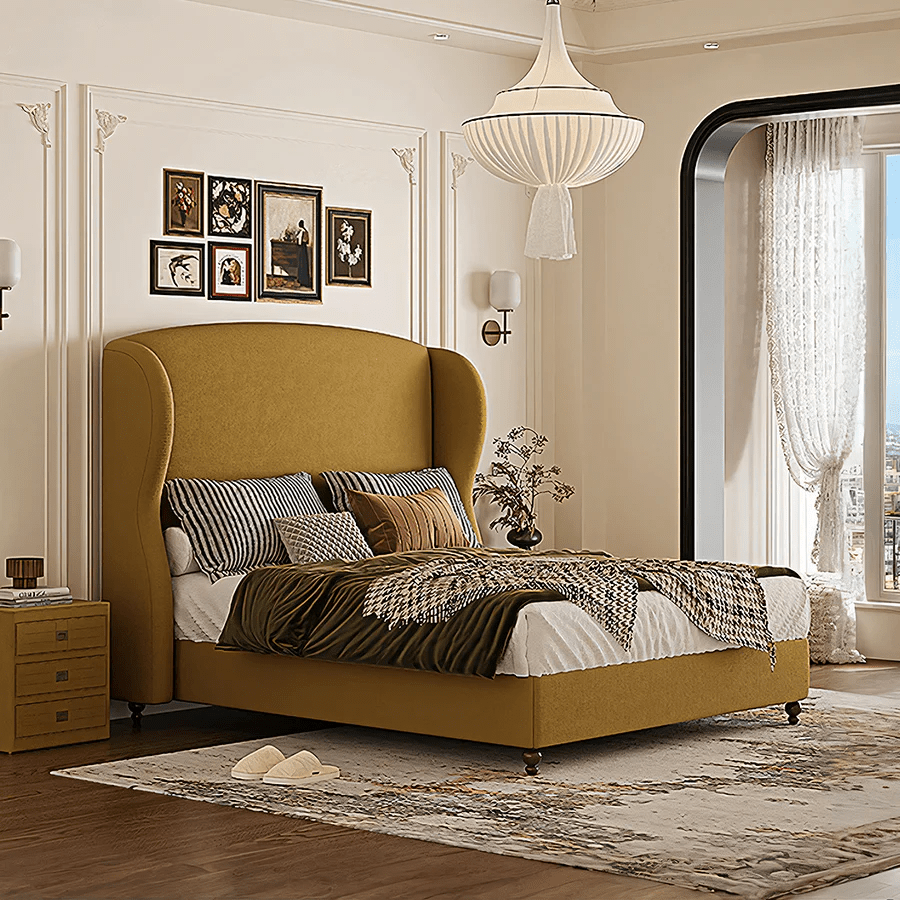 Amara Wingback King Size Bed Frame with High Headboard, Upholstered Flannelette Fabric, Wooden Structure – Contemporary Yellow Bedroom Bed - Sleek Furniture