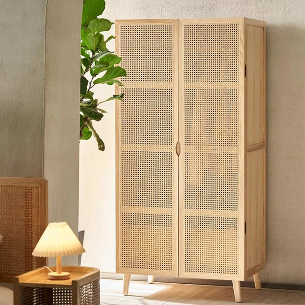 Amelia Rattan Wardrobe – Solid Wood Frame with Handwoven Rattan Doors, Modern Storage Cabinet with Hanging Rail & Shelves, Contemporary Bedroom Furniture - Sleek Furniture