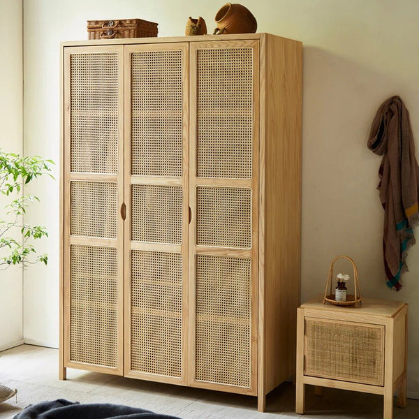 Amelia Rattan Wardrobe – Solid Wood Frame with Handwoven Rattan Doors, Modern Storage Cabinet with Hanging Rail & Shelves, Contemporary Bedroom Furniture - Sleek Furniture