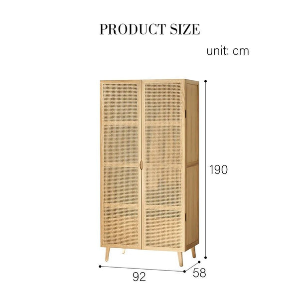 Amelia Rattan Wardrobe – Solid Wood Frame with Handwoven Rattan Doors, Modern Storage Cabinet with Hanging Rail & Shelves, Contemporary Bedroom Furniture - Sleek Furniture