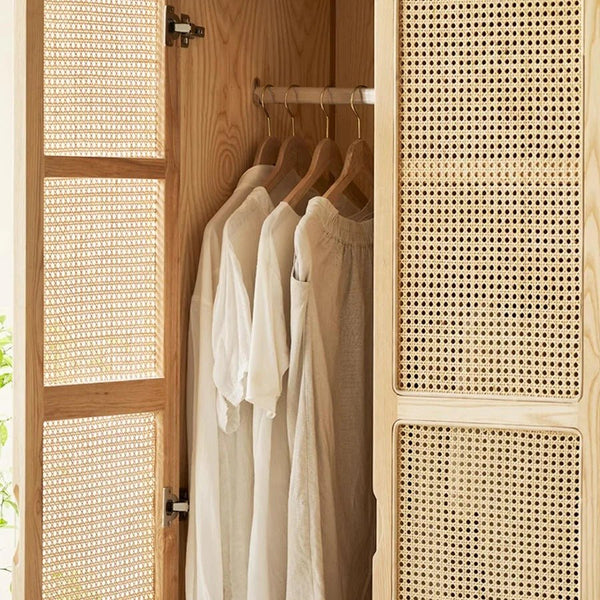 Amelia Rattan Wardrobe – Solid Wood Frame with Handwoven Rattan Doors, Modern Storage Cabinet with Hanging Rail & Shelves, Contemporary Bedroom Furniture - Sleek Furniture