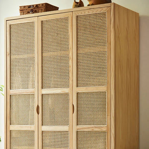 Amelia Rattan Wardrobe – Solid Wood Frame with Handwoven Rattan Doors, Modern Storage Cabinet with Hanging Rail & Shelves, Contemporary Bedroom Furniture - Sleek Furniture