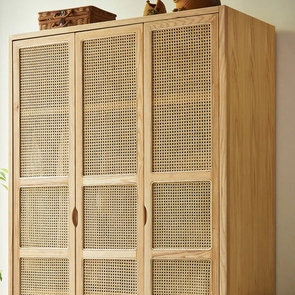 Amelia Rattan Wardrobe – Solid Wood Frame with Handwoven Rattan Doors, Modern Storage Cabinet with Hanging Rail & Shelves, Contemporary Bedroom Furniture - Sleek Furniture