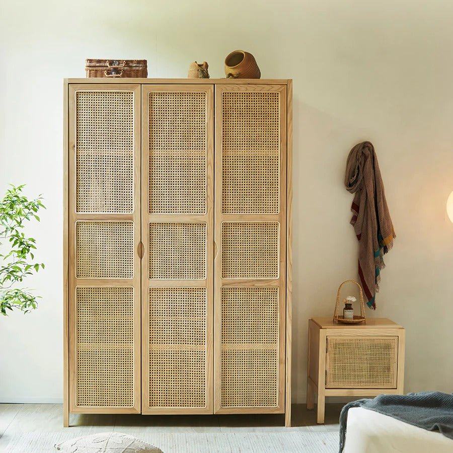 Amelia Rattan Wardrobe – Solid Wood Frame with Handwoven Rattan Doors, Modern Storage Cabinet with Hanging Rail & Shelves, Contemporary Bedroom Furniture - Sleek Furniture