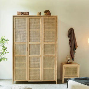 Amelia Rattan Wardrobe – Solid Wood Frame with Handwoven Rattan Doors, Modern Storage Cabinet with Hanging Rail & Shelves, Contemporary Bedroom Furniture - Sleek Furniture