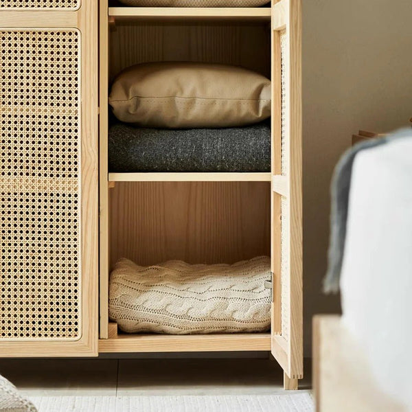 Amelia Rattan Wardrobe – Solid Wood Frame with Handwoven Rattan Doors, Modern Storage Cabinet with Hanging Rail & Shelves, Contemporary Bedroom Furniture - Sleek Furniture