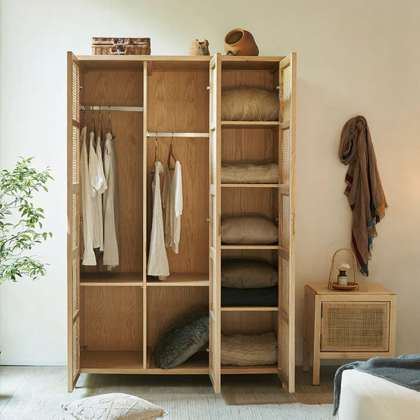 Amelia Rattan Wardrobe – Solid Wood Frame with Handwoven Rattan Doors, Modern Storage Cabinet with Hanging Rail & Shelves, Contemporary Bedroom Furniture - Sleek Furniture