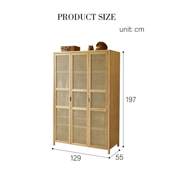 Amelia Rattan Wardrobe – Solid Wood Frame with Handwoven Rattan Doors, Modern Storage Cabinet with Hanging Rail & Shelves, Contemporary Bedroom Furniture - Sleek Furniture