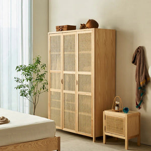 Amelia Rattan Wardrobe – Solid Wood Frame with Handwoven Rattan Doors, Modern Storage Cabinet with Hanging Rail & Shelves, Contemporary Bedroom Furniture - Sleek Furniture