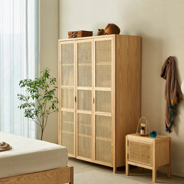 Amelia Rattan Wardrobe – Solid Wood Frame with Handwoven Rattan Doors, Modern Storage Cabinet with Hanging Rail & Shelves, Contemporary Bedroom Furniture - Sleek Furniture