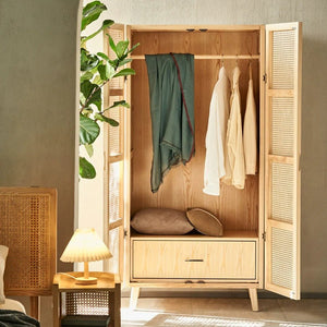 Amelia Rattan Wardrobe – Solid Wood Frame with Handwoven Rattan Doors, Modern Storage Cabinet with Hanging Rail & Shelves, Contemporary Bedroom Furniture - Sleek Furniture