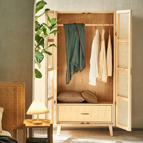 Amelia Rattan Wardrobe – Solid Wood Frame with Handwoven Rattan Doors, Modern Storage Cabinet with Hanging Rail & Shelves, Contemporary Bedroom Furniture - Sleek Furniture