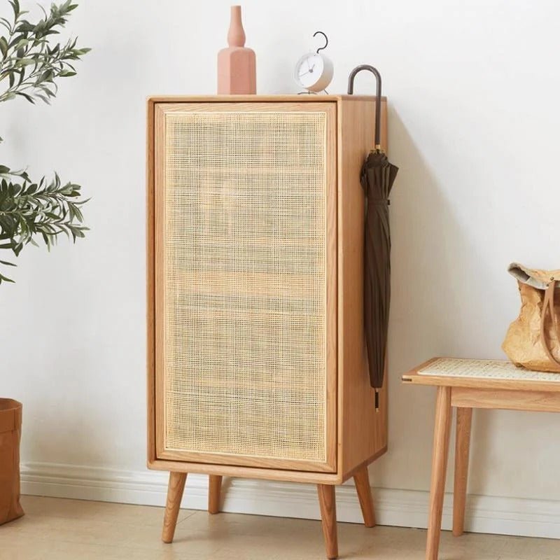 Amigo Cane Rattan Shoe Storage Cabinet with Wooden Frame, Modern Oak Hallway Shoe Organizer Unit - Sleek Furniture