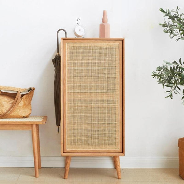 Amigo Cane Rattan Shoe Storage Cabinet with Wooden Frame, Modern Oak Hallway Shoe Organizer Unit - Sleek Furniture