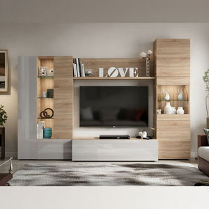 Amora White and Oak Wall Entertainment Unit with LED Lights – Modern Reversible TV Cabinet, W260cm x H185cm x D42cm, Contemporary Living Room Storage - My Store