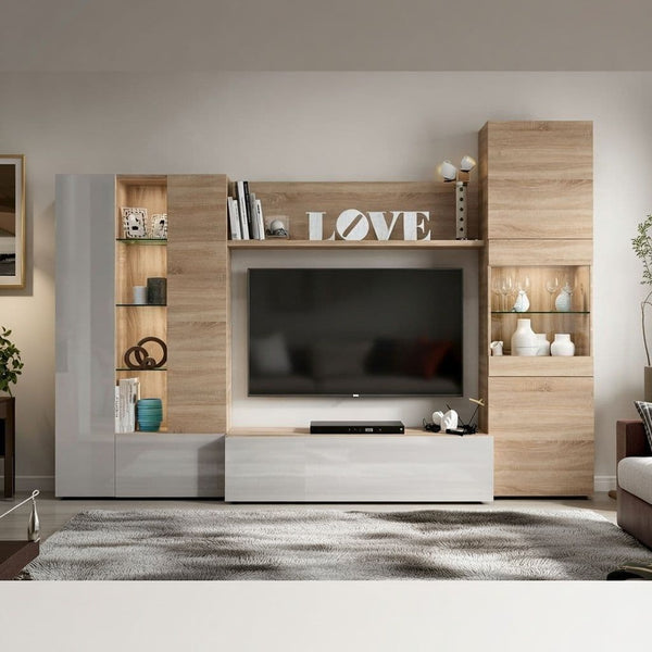Amora White and Oak Wall Entertainment Unit with LED Lights – Modern Reversible TV Cabinet, W260cm x H185cm x D42cm, Contemporary Living Room Storage - My Store