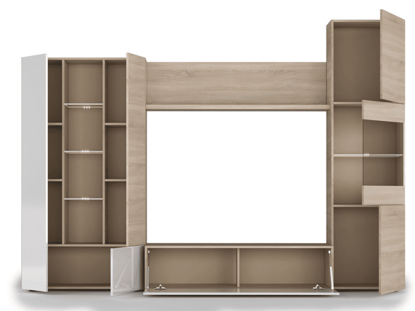 Amora White and Oak Wall Entertainment Unit with LED Lights – Modern Reversible TV Cabinet, W260cm x H185cm x D42cm, Contemporary Living Room Storage - My Store